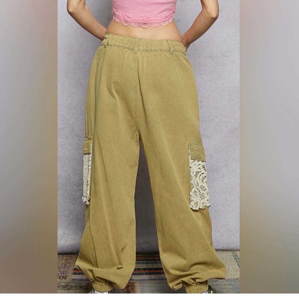 POL Women's Green Distressed Crochet Pocket Baggy Boho Jogger Pant Size - Picture 7 of 10